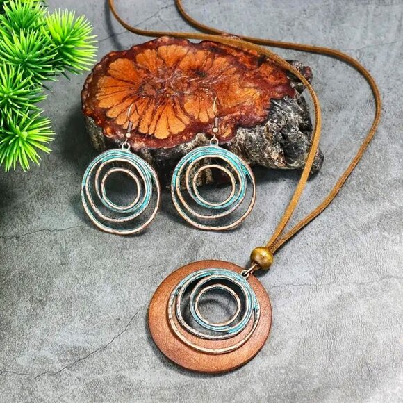 Necklace Earrings 3pc Set Spiral Wood Boho Copper Swirl Unique Stylish Trendy - Picture 1 of 4